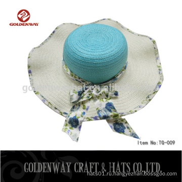 2015 новый дизайн Womens Wide Floppy Sun Hat с шарфом Polka Dot